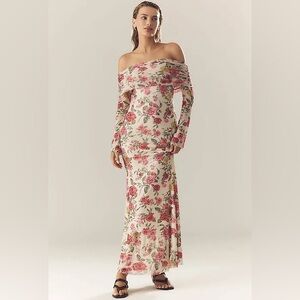 Anthropologie Afrm Long-sleeve Off-the-shoulder Mesh Maxi Dress - Everglade